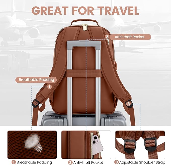 LOVEVOOK Leather Backpacks for Women,17.3 inch Leather Laptop Backpack Women Computer Backpack Laptop Bag,Stylish Quilted Travel Backpack Purse Work Bag College Teacher Backpacks with USB Port,Brown