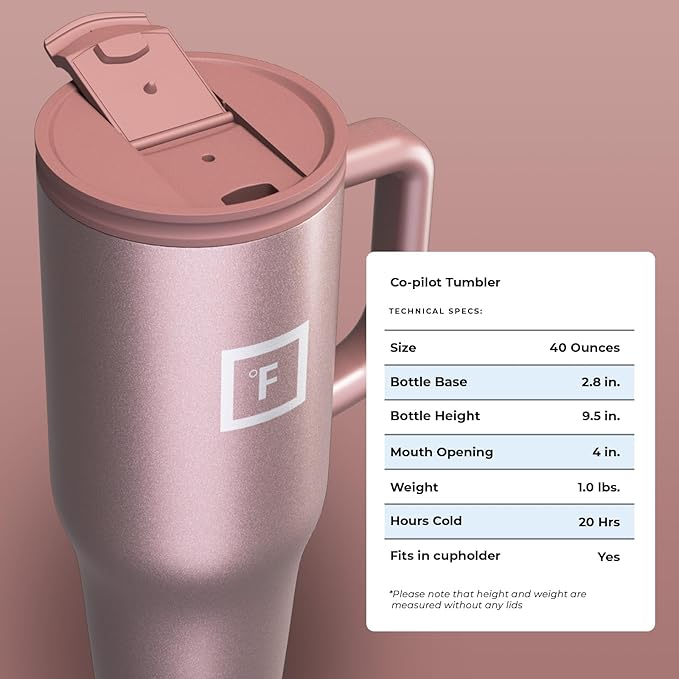 IRON °FLASK Co-Pilot Insulated Mug w/Straw & Flip Cap Lids - Cup Holder Bottle for Hot, Cold Drink - Leak-Proof - Water, Coffee Portable Travel Mug - Rose Gold, 40 Oz