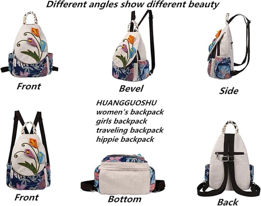 HUANGGUOSHU Bohemian Knit Backpack - Handcrafted, Multi-Pocket, Secure Zipper Pockets Pocket - Ideal Gift for Girls, Moms, and Students - Travel Essential for Fashionable Women-Flower Backpack