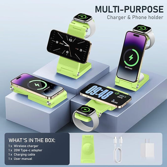 Magnetic Wireless Charger Stand, 3 in 1 Foldable Wireless Charging Station, Travel Charger for Multiple Devices for iPhone 15 14 13 12 Series, Apple Watch Ultra/SE/9/8/7/6/5/4/3/2, AirPods