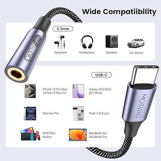 MOSWAG USB Type C to 3.5mm Headphone Jack Adapter, Audio Adapter USB C to Aux Dongle Cable Cord for Samsung Galaxy S23 S22 S21 S20 Ultra S20+ Note 20 10 S10 S9 Plus,Pixel 7 6 5 4 and More
