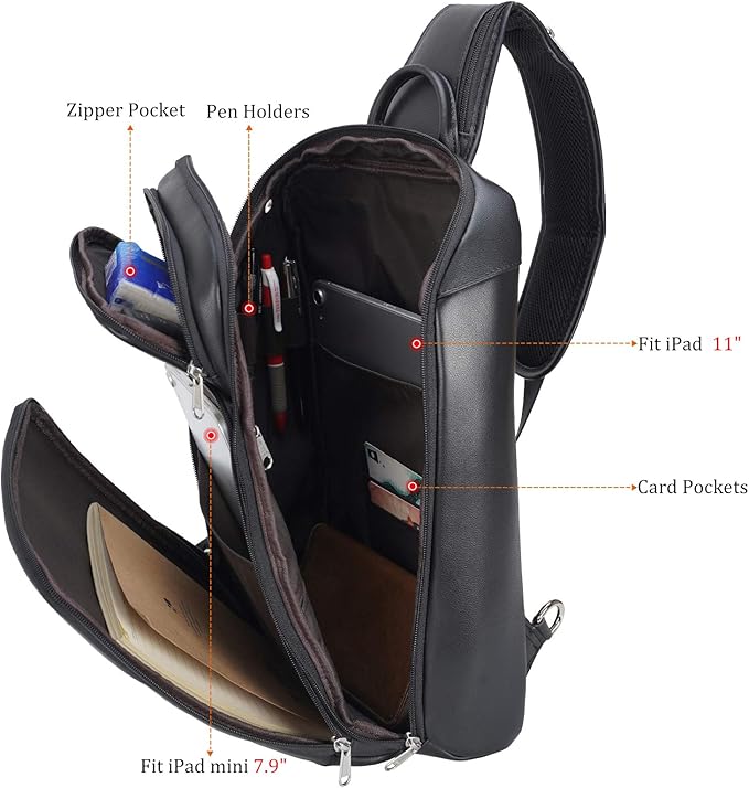 Polare Modern Style Sling Shoulder Bag Men’s Travel/Hiking Daypack with Full Grain Italian Leather and YKK Zippers