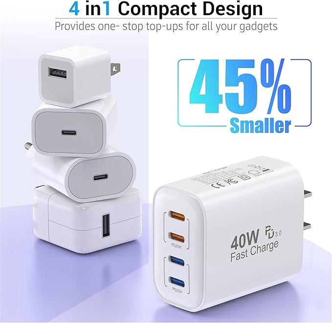 40W USB C Charging Block, 4 USB C Ports, Type C Wall Plug Fast Charger Cube, Power Adapter Box for iPhone 16, 15, 14, 13, 12, 11, Galaxy Phones, Watch, Tablet, Smartphones (White 2Pack)