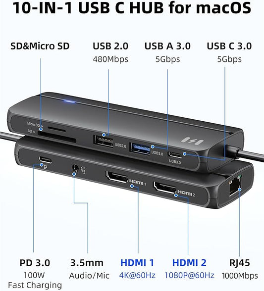 Selore Docking Station for MacBook Pro Air Windows,10 in 1 Dual HDMI Adapter for Mac Pro Air,USB C Hub for MacBook Docking Station Dual Monitor with 2 HDMI,Ethernet,PD,USB C,2 USB A,SD/TF for M1 M2