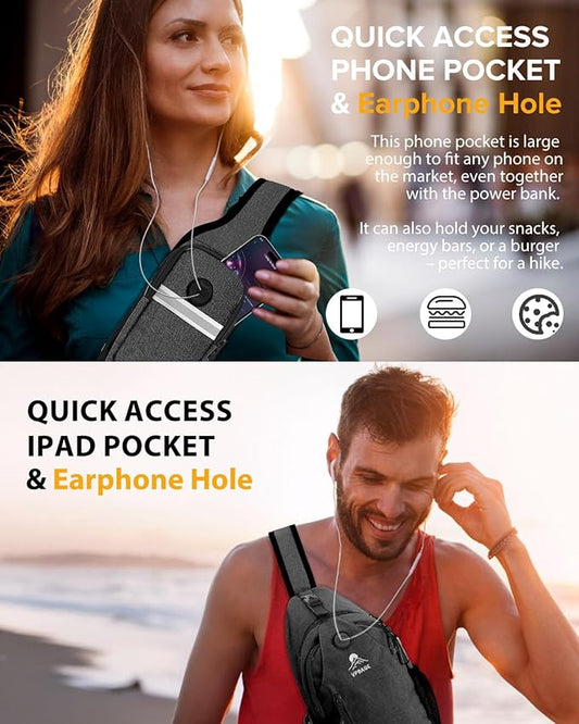 Sling Bag for Women, Crossbody Bag for Men, Cross Body Hiking Backpack, Travel Daypack, Chest Pack with Chest Phone Holder