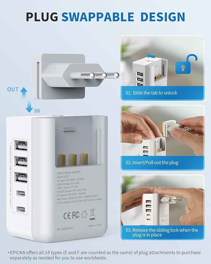 EPICKA US to Italy Travel Adapter, Universal Plug Adapter with 2 US Outlets, 3 USB-A & 2 USB-C Ports, Ultra Compact Swap&Adapt Type L Plug Attachment, Grounded Adapter for Chile, Cuba & Syria (X232L)