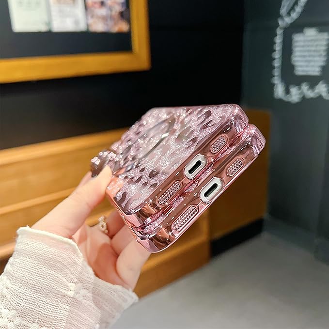 for iPhone 16 Case Magnetic,Soft Cute Luxury Leopard Cheetah Pattern Plating Glitter Bling Phone Case Compatible with MagSafe Clear Shockproof Back Cover for Women Girl 6.1"-Pink