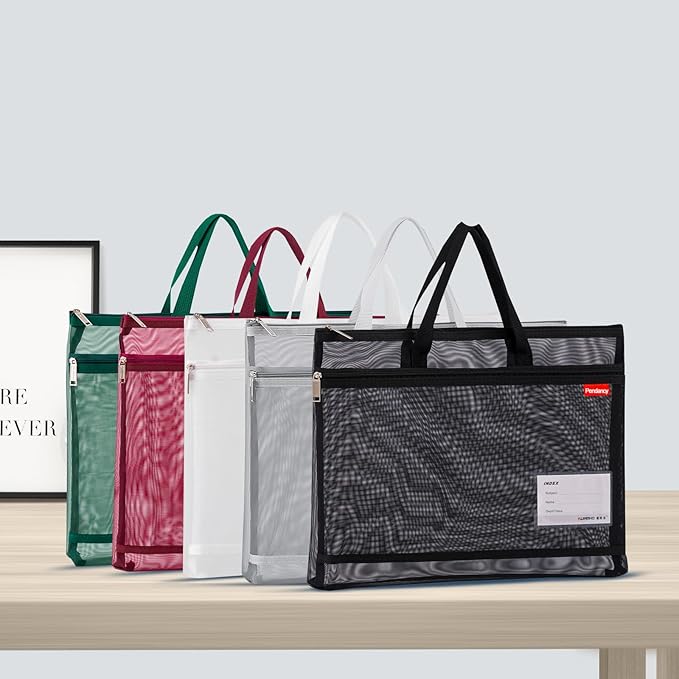 Pendancy Mesh Zipper Pouch A3 Size, Large Double Pocket Lightweight Nylon Transparent File Bag with Handle, 13x17 in Foldable Document Storage for Puzzle Project/Cross Stitch/Travel/Office (Black)