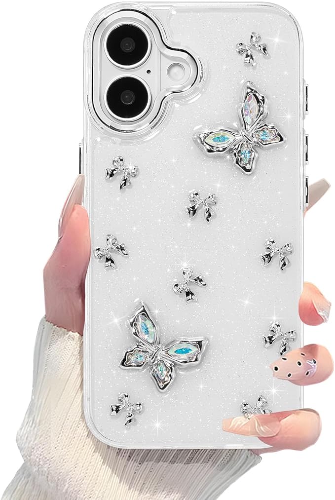 EYZUTAK Case for iPhone 16, Bling Glitter 3D Butterflies Bowknot Phone Case Cute Crystal Clear Bow Aesthetic Case Slim Soft Durable TPU Transparent Protective Cover for Women Girls - Butterfly