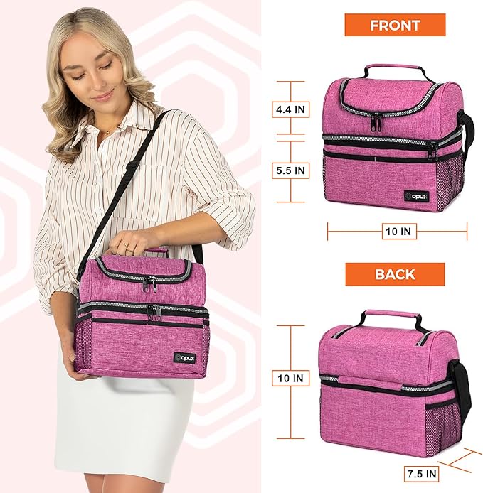 OPUX Lunch Box For Women, Insulated Large Lunch Bag Adult Work, Double Decker Lunchbox Meal Prep, Dual Compartment Leakproof Lunch Cooler, Soft Lunch Pail Tote for Girls, Kids, School (Pink, 16 Cans)