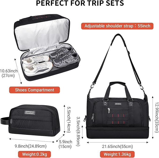 WITZMAN Travel Duffle Bags for Men Weekender Bags with Toiletry Bag Sets Carry On Overnight Bag 55L (B696 Black)