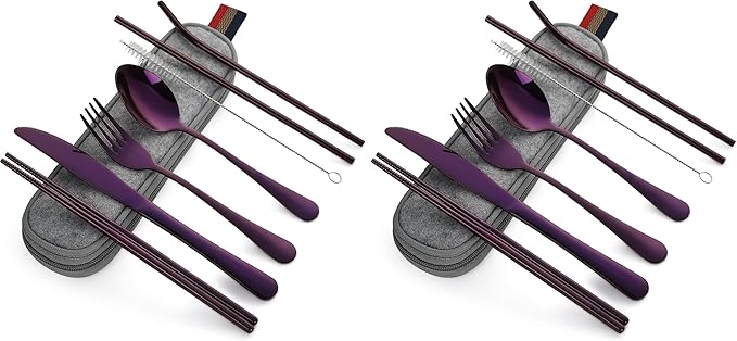 DEVICO Portable Utensils, Travel Camping Cutlery Set, 8-Piece including Knife Fork Spoon Chopsticks Cleaning Brush Straws Portable Case, Stainless Steel Flatware set (Purple) (Pack of 2)