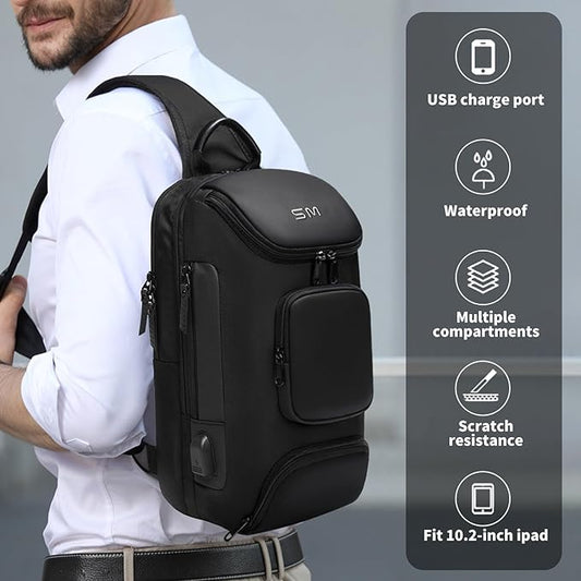 SMONT Sling Bag Crossbody for Men, 14.2 inch Anti Theft Waterproof Chest Shoulder Bag with USB Charging Port