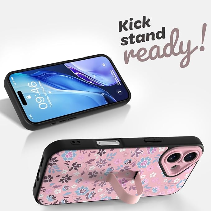 Compatible with iPhone 17 Case with Finger Hand Strap Kickstand, Cute Flowers Floral Phone Case for Girls Women Men, Full Camera Protection Shockproof Protective Cover, Pink Flowers