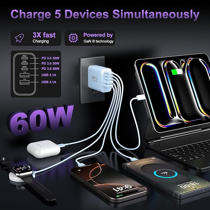 USB C Fast Wall Charger Block, 2Pack 60W USBC Charging Cubes, 5-Port PD+QC Power Adapter Multiport Brick Type C Box Plug for Phone 16/15/14/13/12/11/Pro Max/Plus, Pad Mini/Pro/S25/S24-Blue