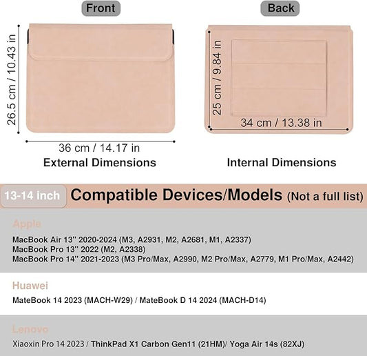 Allinside 13-14 Inch Laptop Sleeve Case for MacBook Pro 14" 2021-2024/MacBook Air 13" 2010-2017/MacBook Pro 13" 2010-2015, Waterproof PU Leather Sleeve Cover with Stand & Accessory Pouch, Pale Pink