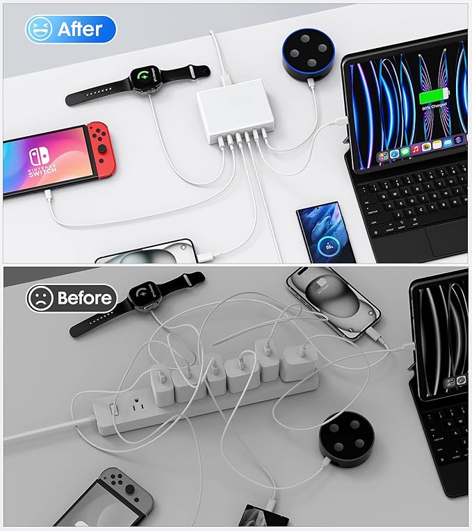 USB C Fast Charger Block,120W GaN 6 Ports PD Type C Wall Charging Station Hub for Multiple Devices,Super Fast USB A Charger Power Adapter Plug Box for iPhone16 15 14 13 12, AirPods4,watch10 ultra2