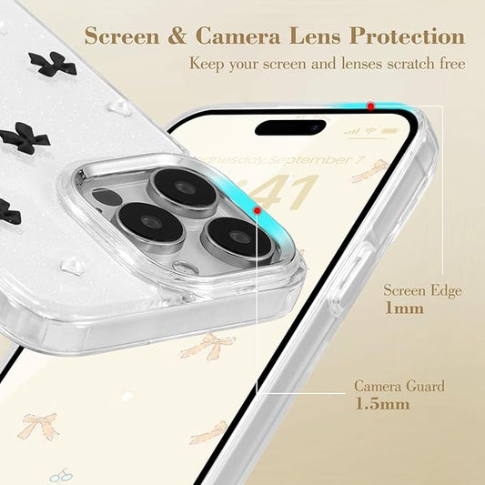 EYZUTAK Case for iPhone 13 Pro, Bling Glitter 3D Bowknot Phone Case Cute Sparkly Crystal Clear Bow Aesthetic Design Case Slim Soft Durable TPU Transparent Protective Cover for Women Girl - Black Bow