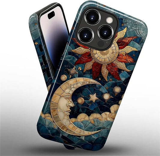 Case for iPhone 14 Pro Max Case,Sun Moon Stars Faux Stained Glass Design Hybrid Dual Protection Silicone + Hard PC Shockproof Full Body Cover,Slim Anti-Scratch Protective for Men Women