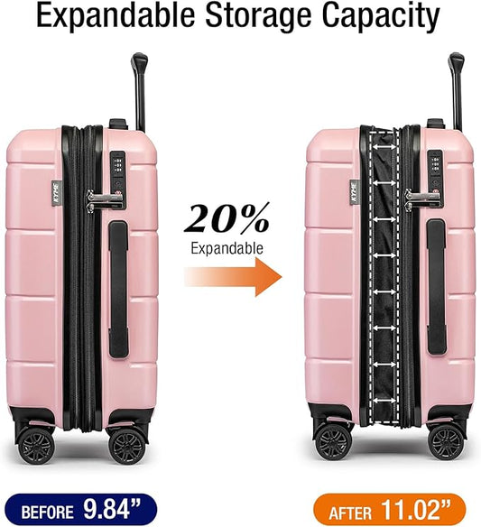 KYME Pink Hardside Expandable Carry On Luggage 22x14x9 Airline Approved 20 Inch Hardshell Carry On Suitcase with Wheels TSA Lock Small Travel Rolling Luggage with Cup Holder for Women
