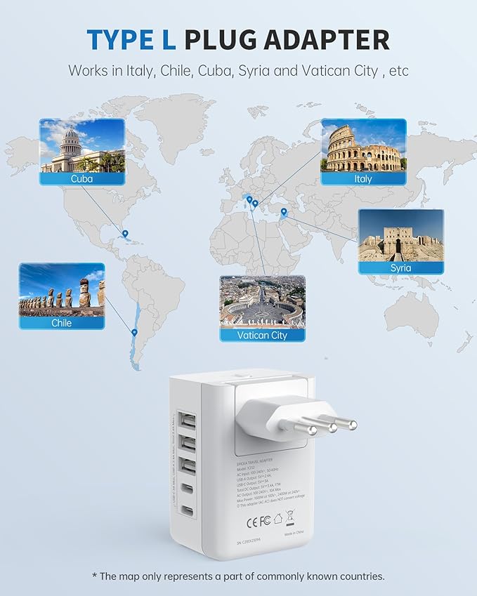 EPICKA US to Italy Travel Adapter, Universal Plug Adapter with 2 US Outlets, 3 USB-A & 2 USB-C Ports, Ultra Compact Swap&Adapt Type L Plug Attachment, Grounded Adapter for Chile, Cuba & Syria (X232L)