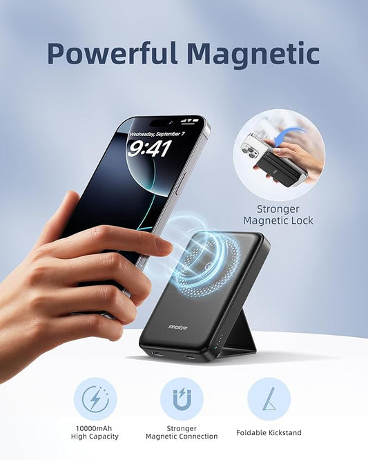 3-in-1 Magnetic Power Bank: 10000mAh MagSafe Wireless Charger + Stand + 20W Fast Charge, Foldable Slim Portable Charger for iPhone 17/16/15 Series, AirPods Pro, Samsung Galaxy S24/S23