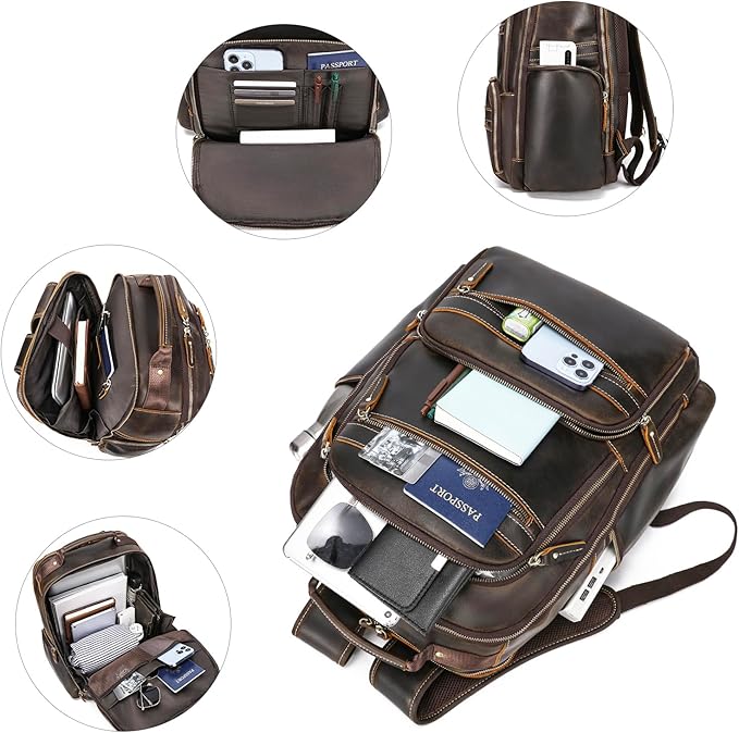 LANNSYNE Vintage Mens Full Grain Leather Backpack Fits 17.3 Inch Laptop, Large Casual Rucksack Shoulder Bag For Travel/Camping/Hiking-Brown