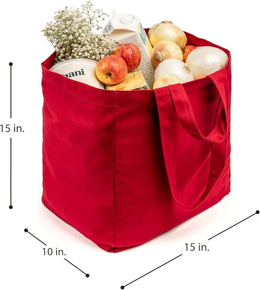 VeraMia Canvas Grocery Bag 3pc XL Set with Real Pockets, Long Shoulder Strap and Short Handle. Heavy Duty, Foldable, Washable