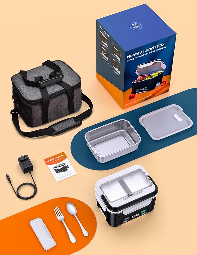 EAST OAK Heated Lunch Box Battery Powered with Automatic Heating, Cordless Heatable Lunchbox for Adults, 1.3L Portable Food Warmer with Insulated Carry Bag