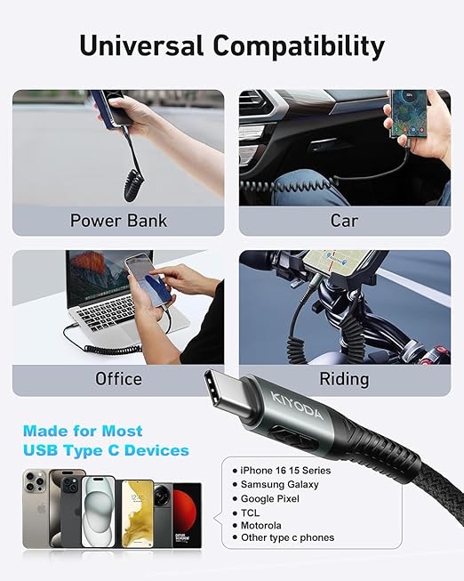 USB C Cable for Car 3FT/6FT, Coiled USB C to USB C Cable Fast Charging 66W, Braided USB Type C Charger Cord Compatible with iPhone 17 16 15 Pro Max, Samsung, Google Phones and More Type C Devices
