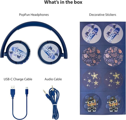 BuddyPhones POP Fun | Foldable Bluetooth Kids Headphones + Microphone, Works Wired or Wireless - SafeAudio Volume Limiting for iPhone/iPad/Tablet/PC and More (Blue)