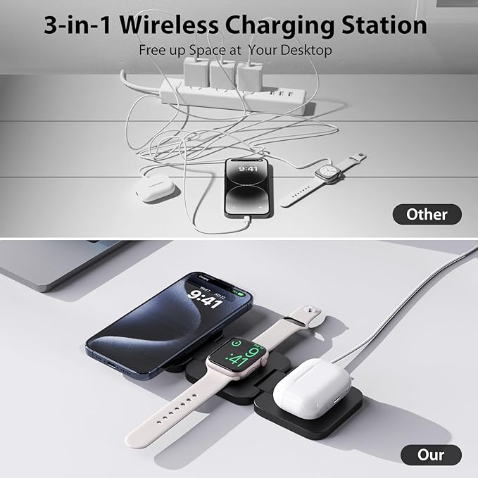 Fast Wireless Charger, Magnetic Foldable 3 in 1 Charging Station for iPhone 17/16/15/14/13/12/Pro/Plus/Pro Max, 5W Portable Charger for Apple Watch10/9/8/7/6/5/4/3/SE, for Airpods3/2/Pro-Black