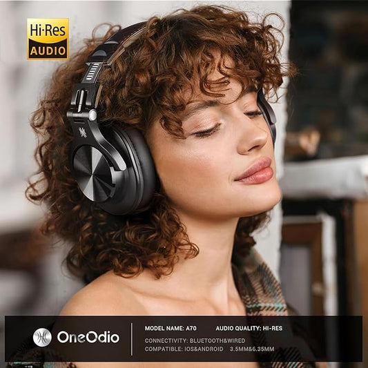 OneOdio A70 Bluetooth Over Ear Headphones, Wireless Headphones with 72H Playtime, Hi-Res, Built-in Mic, 3.5mm/6.35mm Wired Audio Jack for Studio Monitor & Mixing DJ Guitar AMP, Computer Laptop PC