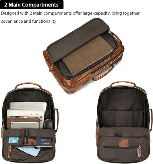 LANNSYNE Vegetable Tanned Leather Backpack for men, Expandable Leather Backpack Fits 15.6 Laptop, Tote Shoulder Travel Bag Rucksack