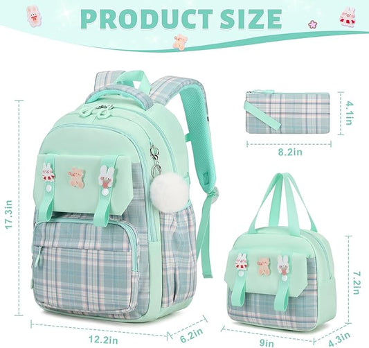 Backpack for Girls, 3PCS Kids Girls Backpacks with Lunch Bag Pencil Case for School, Cute Bookbag Teens Backpack for Kindergarten Preschool Elementary Middle School, Green