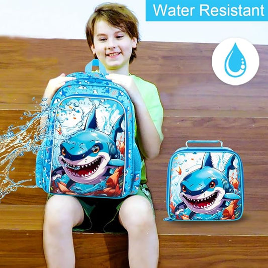CCJPX 3PCS Shark Backpack for Boys, 16 Inch Kids Water Resistant Preschool Bookbags, Cool Kindergarten School Backpacks and Lunch Box