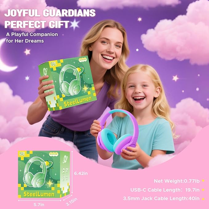 Nova1Lite Kids Wireless Active Noise Cancelling Headphones, Bluetooth 5.3, Safe Volume 74/85/94dB, Real 40H Battery, Type-C Fast Charging, Built-in Mic for School Travel Airplane, Purple