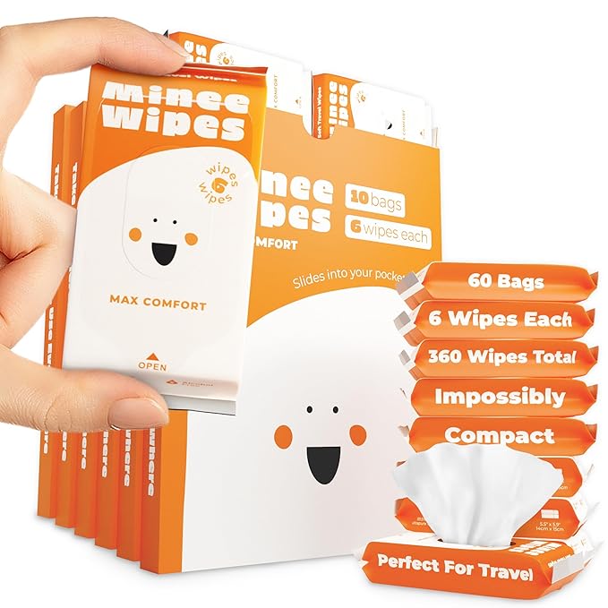 Impossibly Compact Travel Wipes - Skin-Friendly Wet Wipes, Hypoallergenic & Unscented for Adults, Kids & Baby Care - 60 Pack Total 360 Wipes