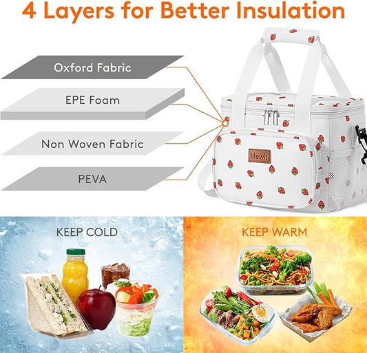 Lifewit Medium Lunch Bag Insulated Lunch Box Soft Cooler Cooling Tote for Adult Men Women, Strawberry 12-Can (9L)