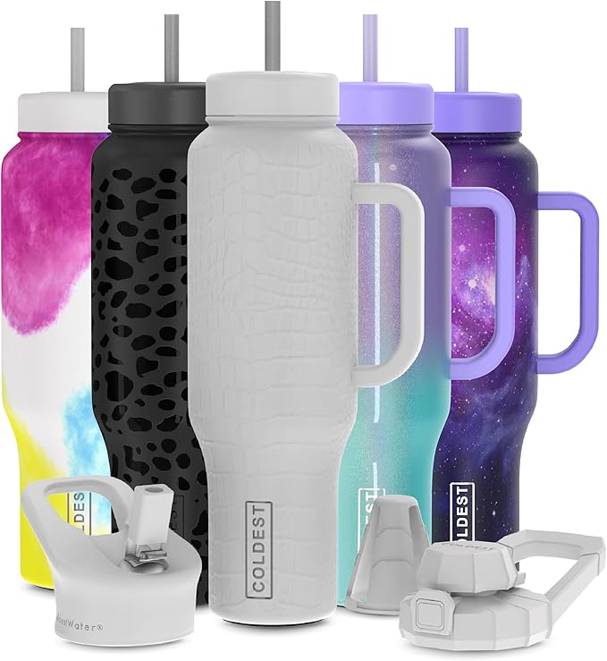 Coldest Tumbler with Handle and Straw - 100% Leak Proof Insulated Tumbler with Lid and Straw (3 Lids) - Stainless Steel Tumblers for Women & Men - Cup Holder Friendly Base, 46 oz (White Croc)