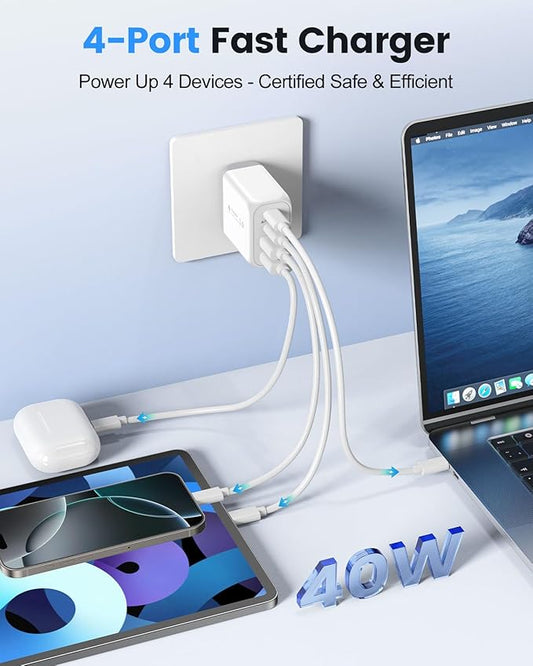 40W USB C Charger Block, 2-Pack 4-Port Fast Charging Block Power Adapter, Dual PD & QC Type-C Multiport Wall Charger for iPhone 16 15 14 13 12 11 Pro Max, Samsung, Tablets