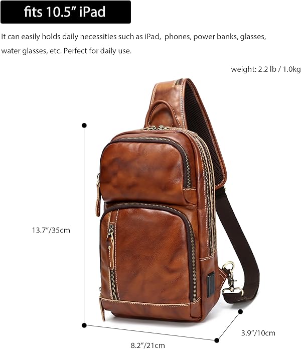 LANNSYNE Full Grain Leather Sling Bag For Men Crossbody Chest Daypack fits 10.5" iPad