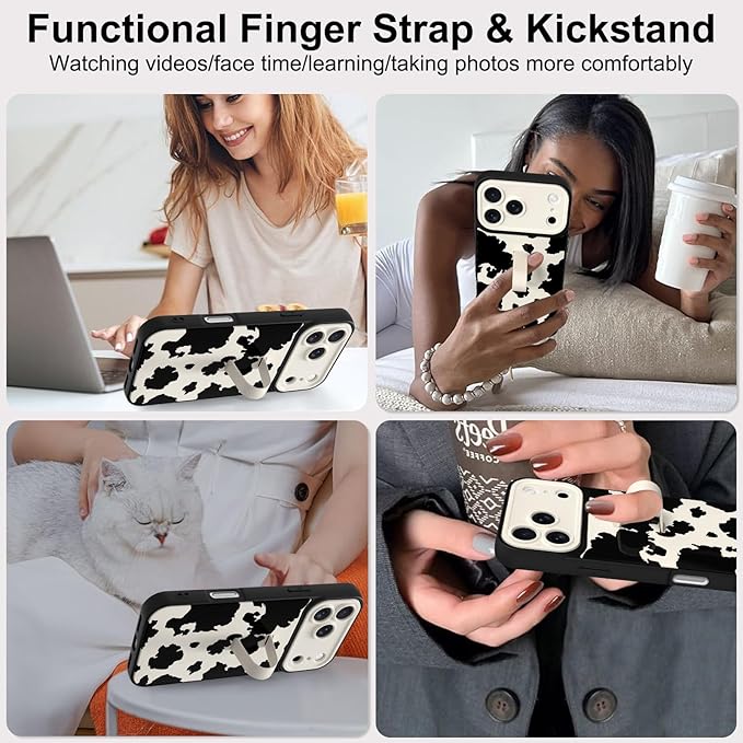Compatible with iPhone 17 Pro Case with Finger Hand Strap Kickstand, Cute Funny Milk Cow Print Phone Case for Women Men, Full Camera Protection Shockproof Protective Cover, Milk Cow