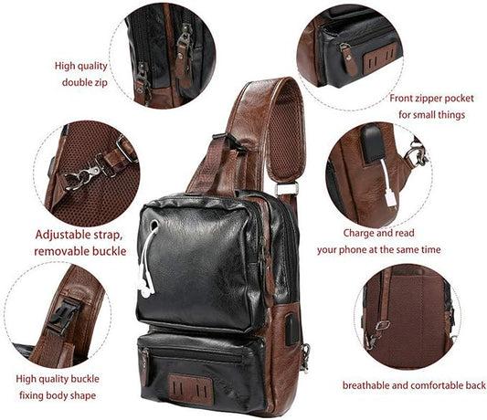 Men's Lightweight PU Leather Sling Bag - Breathable Crossbody Pack with USB Charging Port & 6 Pockets, Easy Access Organizer for Tablet/Gym Essentials - Commute, Travel, Work(Black)