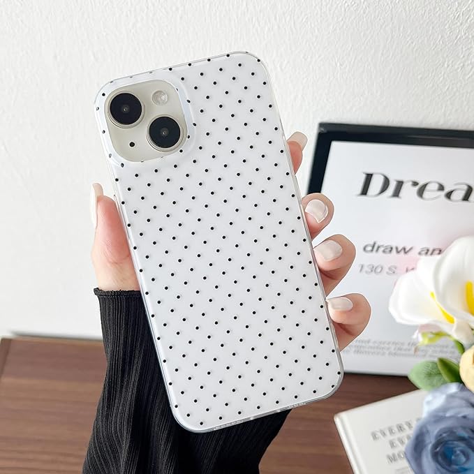 Compatible with iPhone 15 Case, Fashion Cute Aesthetic Polka Dot Pattern Cover for Women, Shockproof Slim Soft TPU and Hard PC Protective Phone Case for iPhone 15 6.1"- White