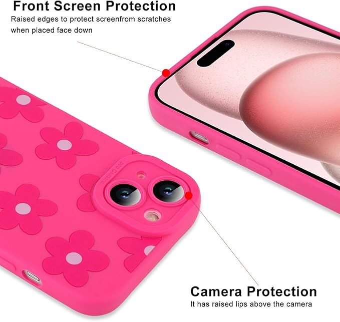 ZIYE for iPhone 15 Case Hot Pink Flower Pattern Phone Case with Camera Protection,Soft TPU Silicone Rubber Protective Cover Floral Design Cases Compatible with iPhone 15 6.1 Inch