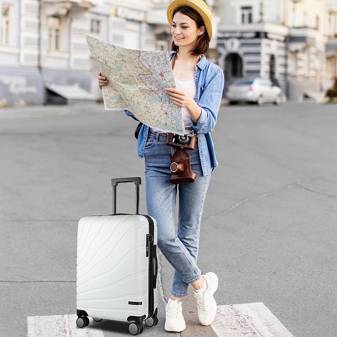 VANKEAN Carry On Luggage with Spinner Wheels & TSA Lock, Expandable Fashionable Hard Shell Suitcase airline approved,20 Inch Carry-On,White