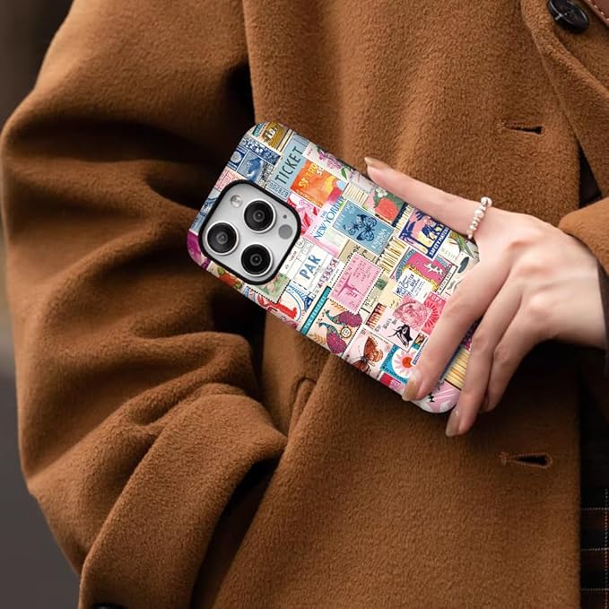 Generic Case Compatible with iPhone 12/12 Pro,Vintage Stamps Collage Phone Case for Girl Women,Durable Protection Case