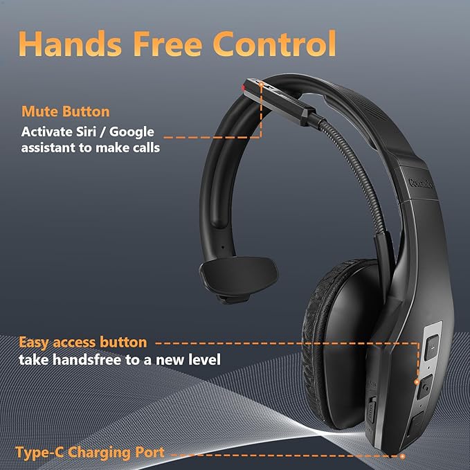 Conambo Trucker Bluetooth Headset (JBT600) with Tri-Mic Noise Cancelling, CVC 8.0, Mute Button, 60Hrs Battery Life – Wireless Headset for Truck Drivers, Cell Phones & Office Use