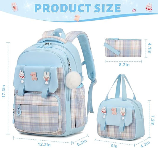 Backpack for Girls, 3PCS Kids Girls Backpacks with Lunch Bag Pencil Case for School, Cute Bookbag Teens Backpack for Kindergarten Preschool Elementary Middle School, Blue
